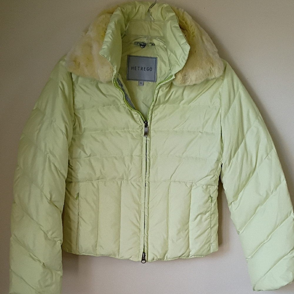 Hetrego Light Green Puffer Jacket with Fur Collar Size Small